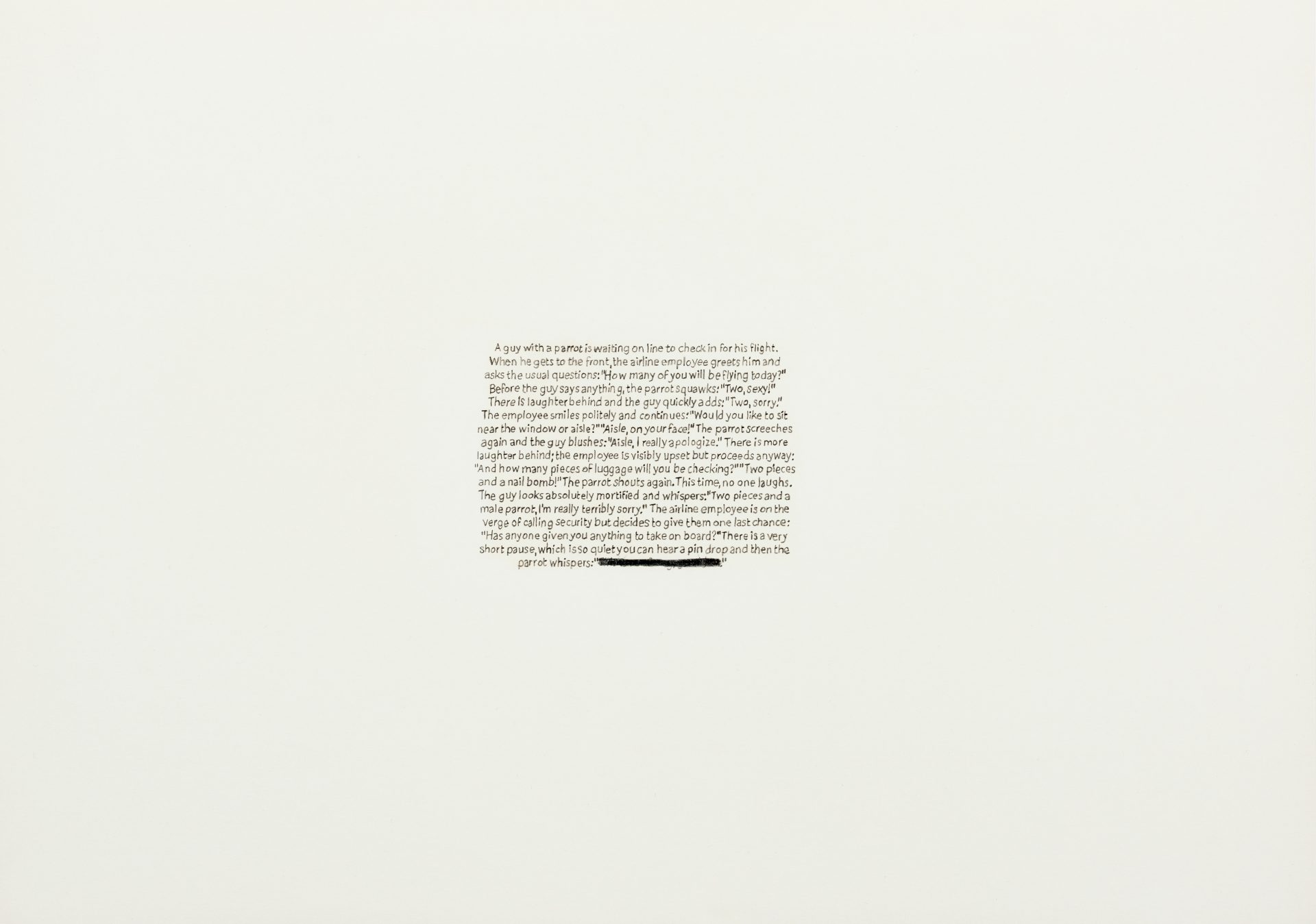 Omer Fast – Unfinished Parrot Jokes (Airport)